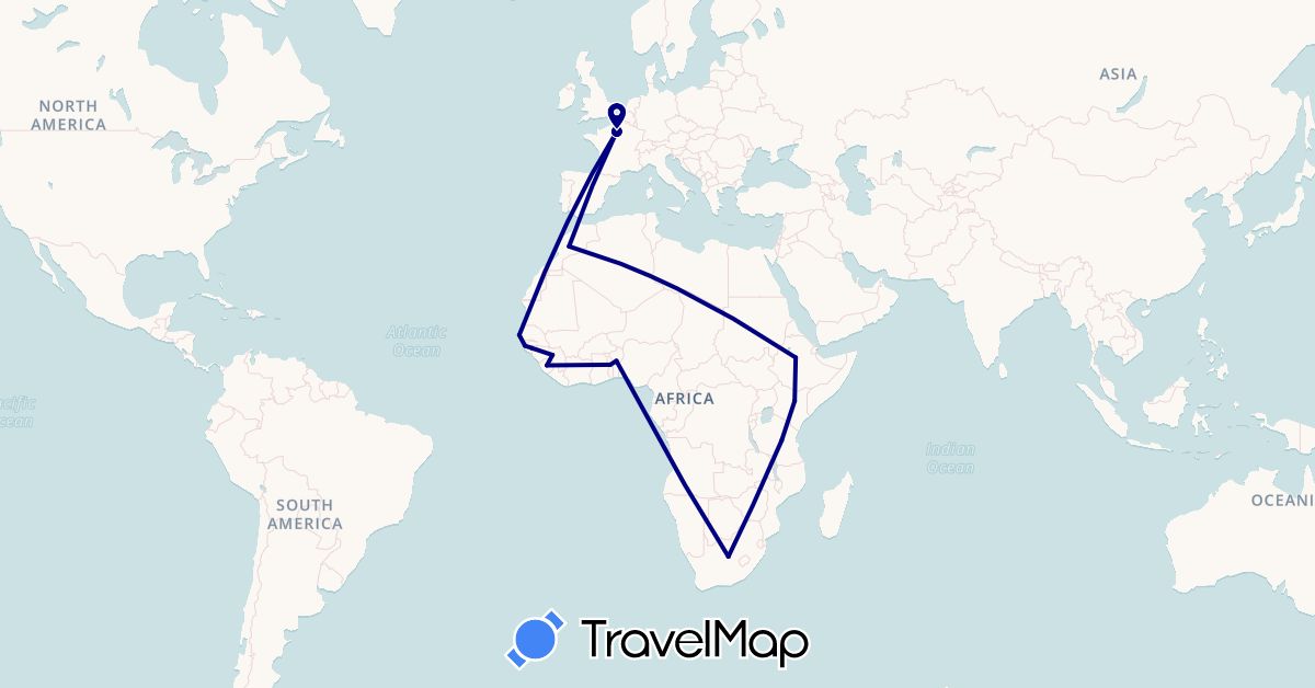 TravelMap itinerary: driving in Benin, Ethiopia, France, Guinea, Guinea-Bissau, Kenya, Morocco, Sierra Leone, Senegal, Togo, Tanzania, South Africa (Africa, Europe)